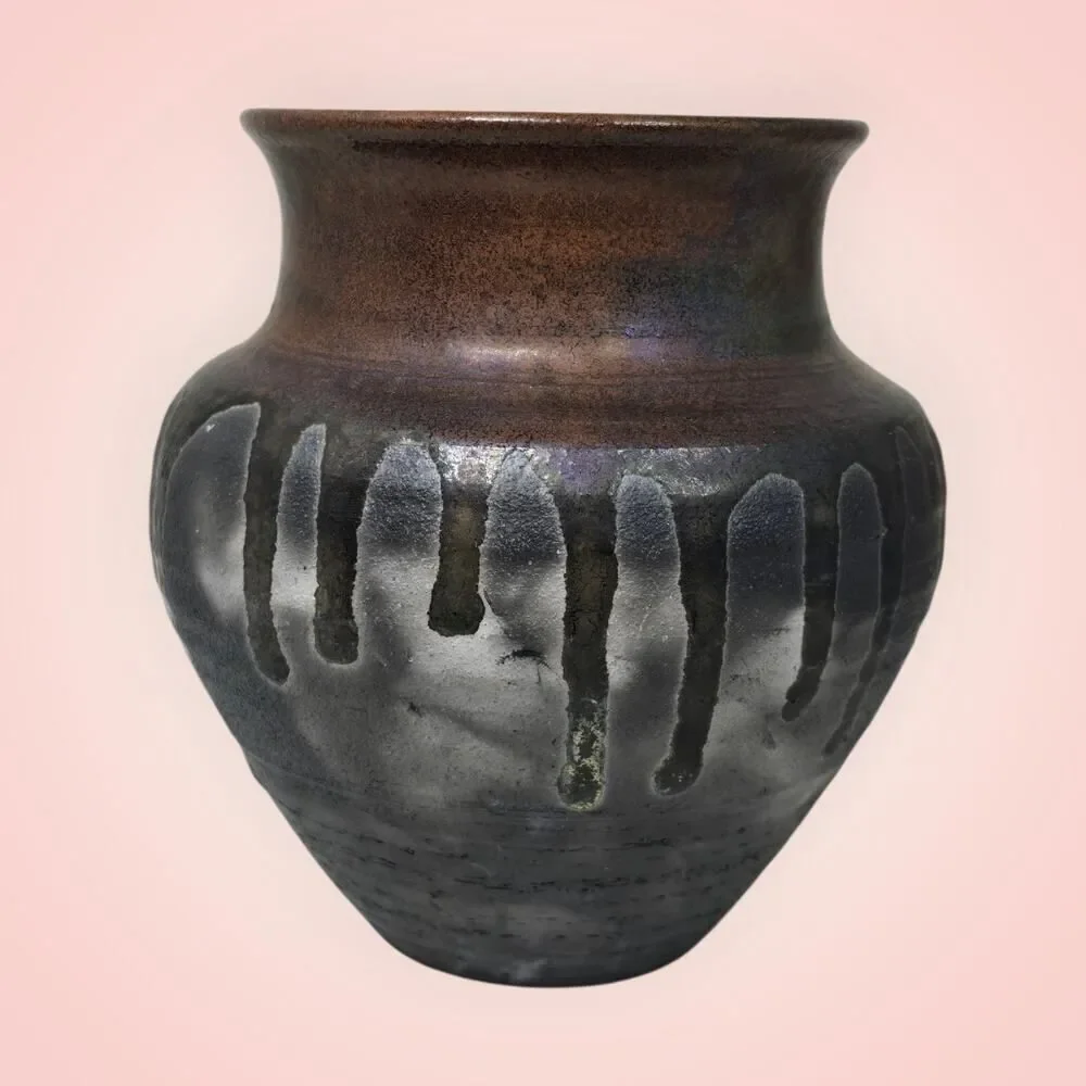Vintage Raku Style Handmade Ceramic Brown Vase 5” Signed 